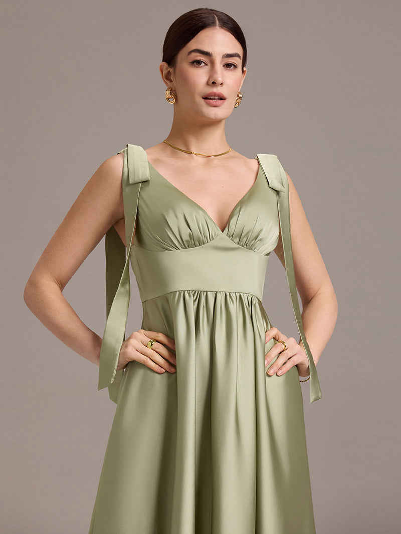 Sleeveless Tie-Shoulder Midi-Length Satin Dress