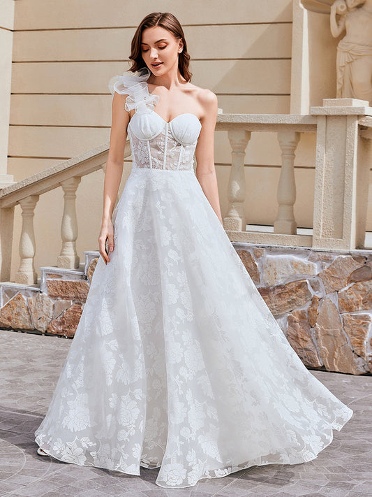 One Shoulder Backless Wedding Dress | A Line Floor Length Dress