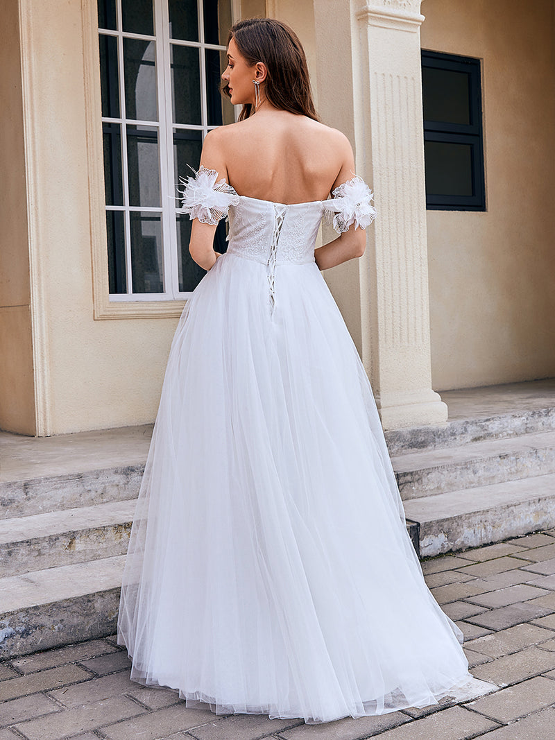 Off Shoulder Short Sleeves A-Line Floor-Length Wedding Dress