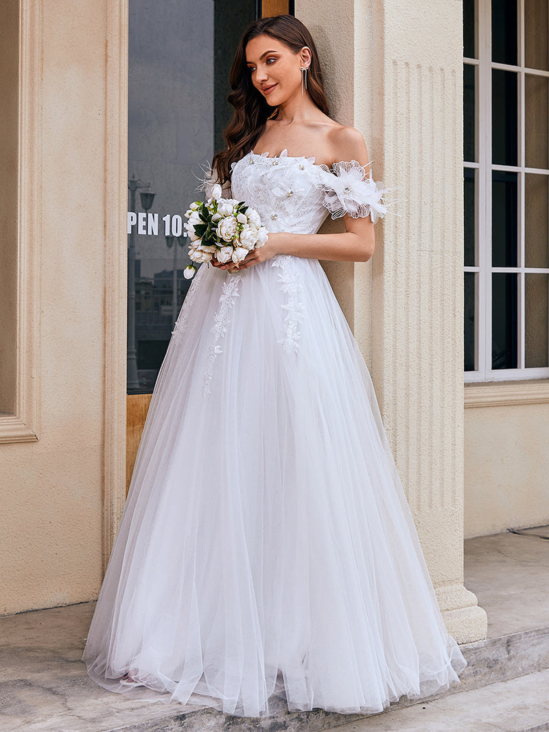 Off Shoulder Short Sleeves A-Line Floor-Length Wedding Dress