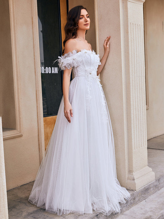 Off Shoulder Short Sleeves A-Line Floor-Length Wedding Dress