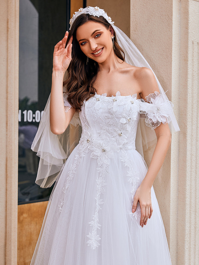 Off Shoulder Short Sleeves A-Line Floor-Length Wedding Dress
