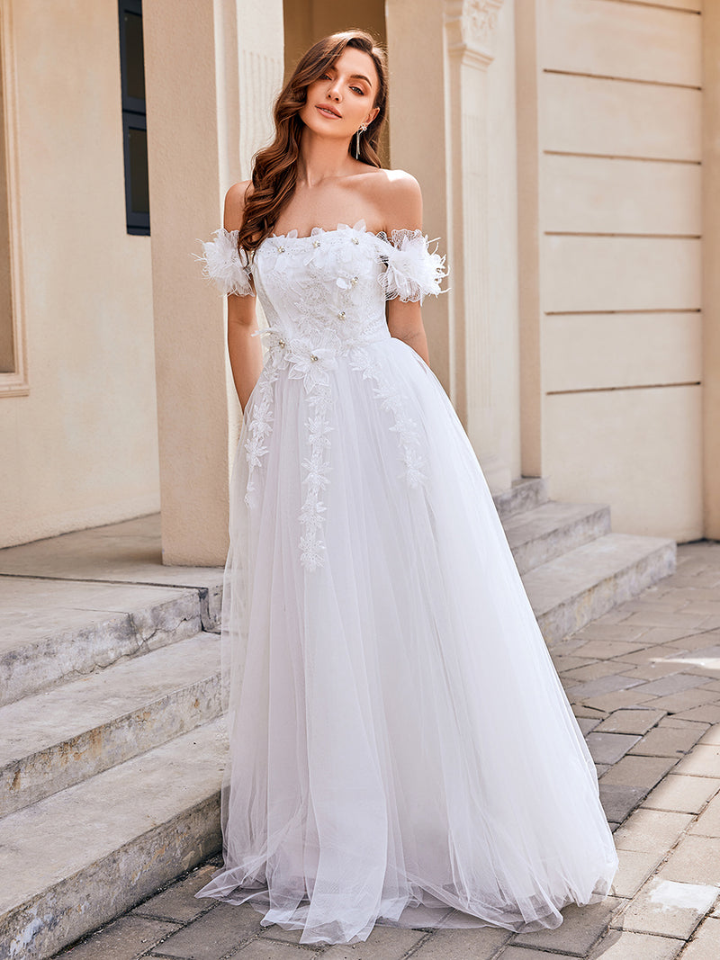 Off Shoulder Short Sleeves A-Line Floor-Length Wedding Dress