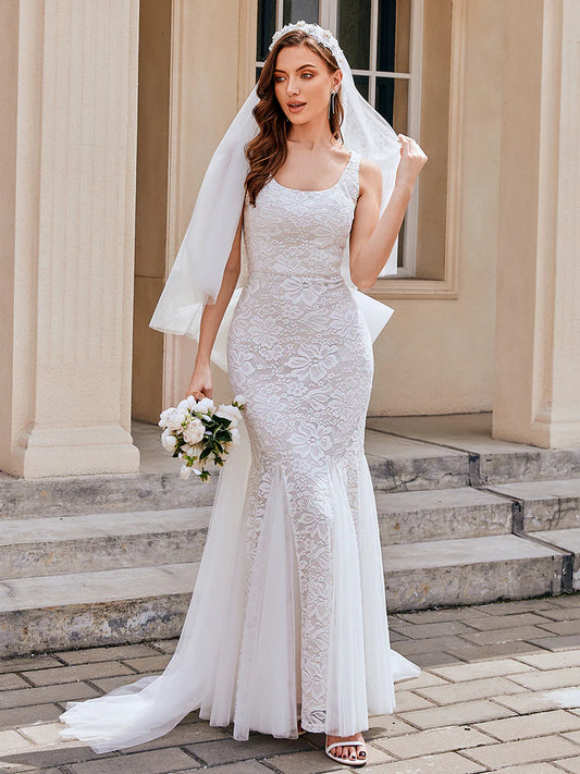 U-Neck Sleeveless Bodycon Fishtail Floor-Length Bridal Dress