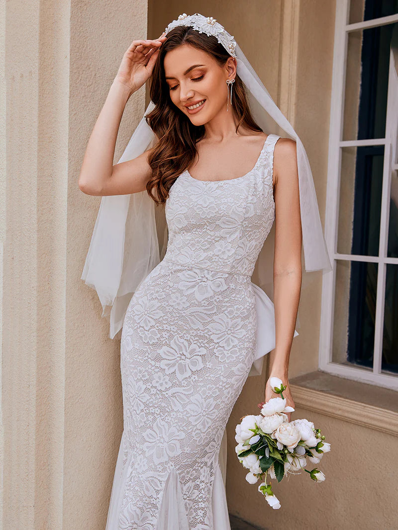 U-Neck Sleeveless Bodycon Fishtail Floor-Length Bridal Dress