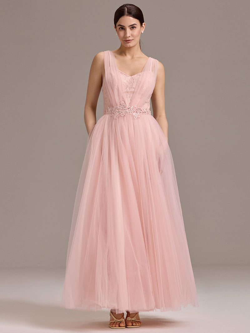 Sleeveless V-Neck Floral A-Line Floor Length Dress with Back Zipper Bridesmaid Dresses