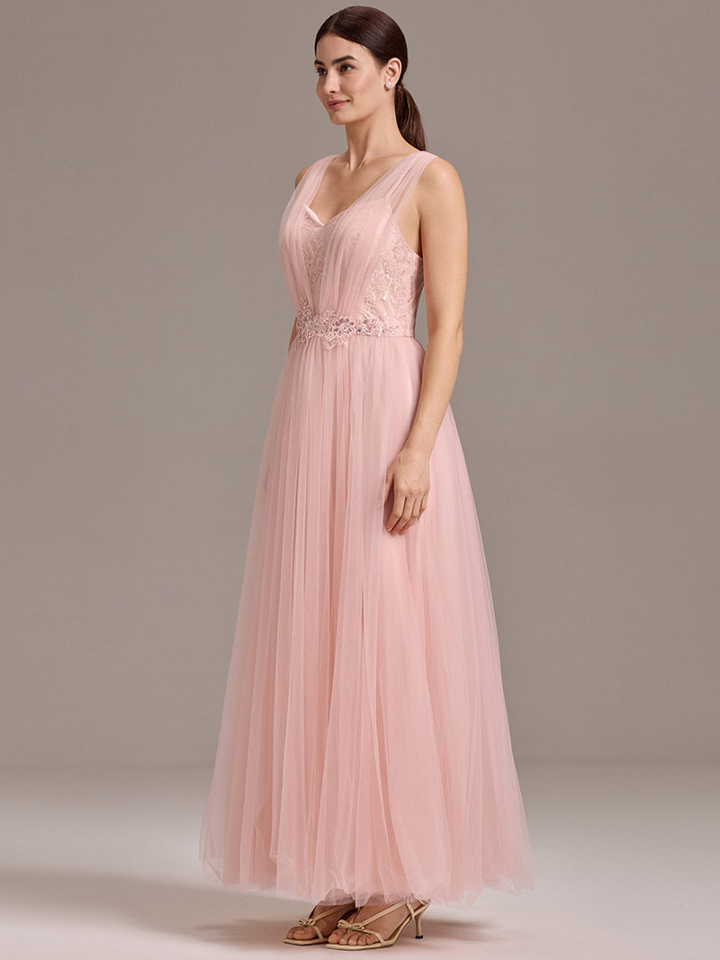 Sleeveless V-Neck Floral A-Line Floor Length Dress with Back Zipper Bridesmaid Dresses