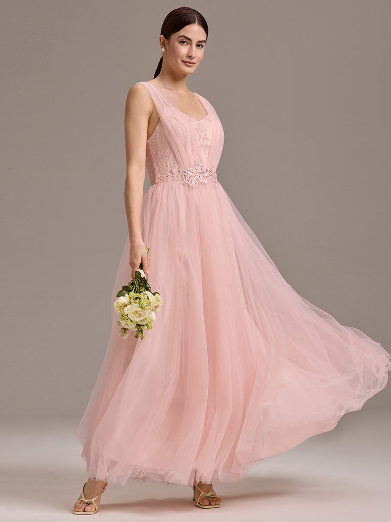 Sleeveless V-Neck Floral A-Line Floor Length Dress with Back Zipper Bridesmaid Dresses