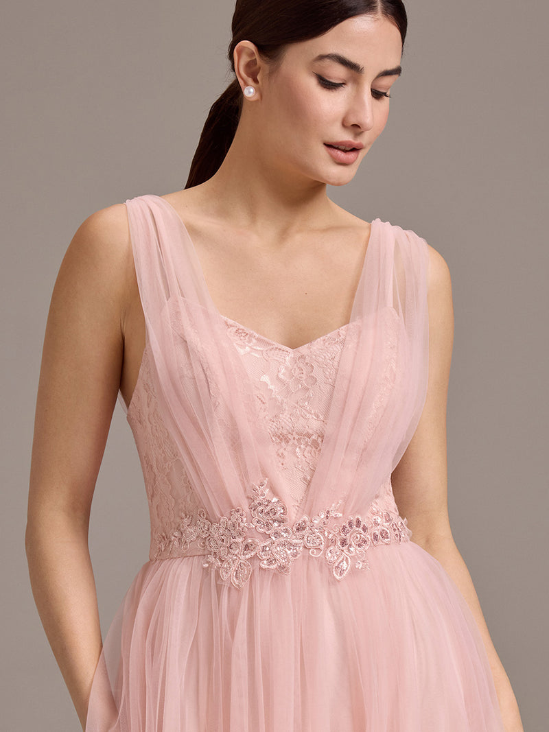 Sleeveless V-Neck Floral A-Line Floor Length Dress with Back Zipper Bridesmaid Dresses
