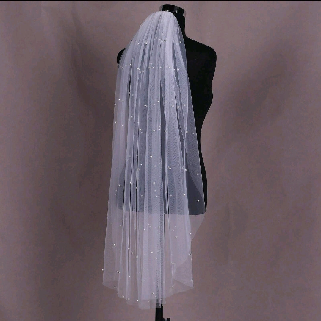 Pearl Imitation Single-Layer Wedding Veil With Comb
