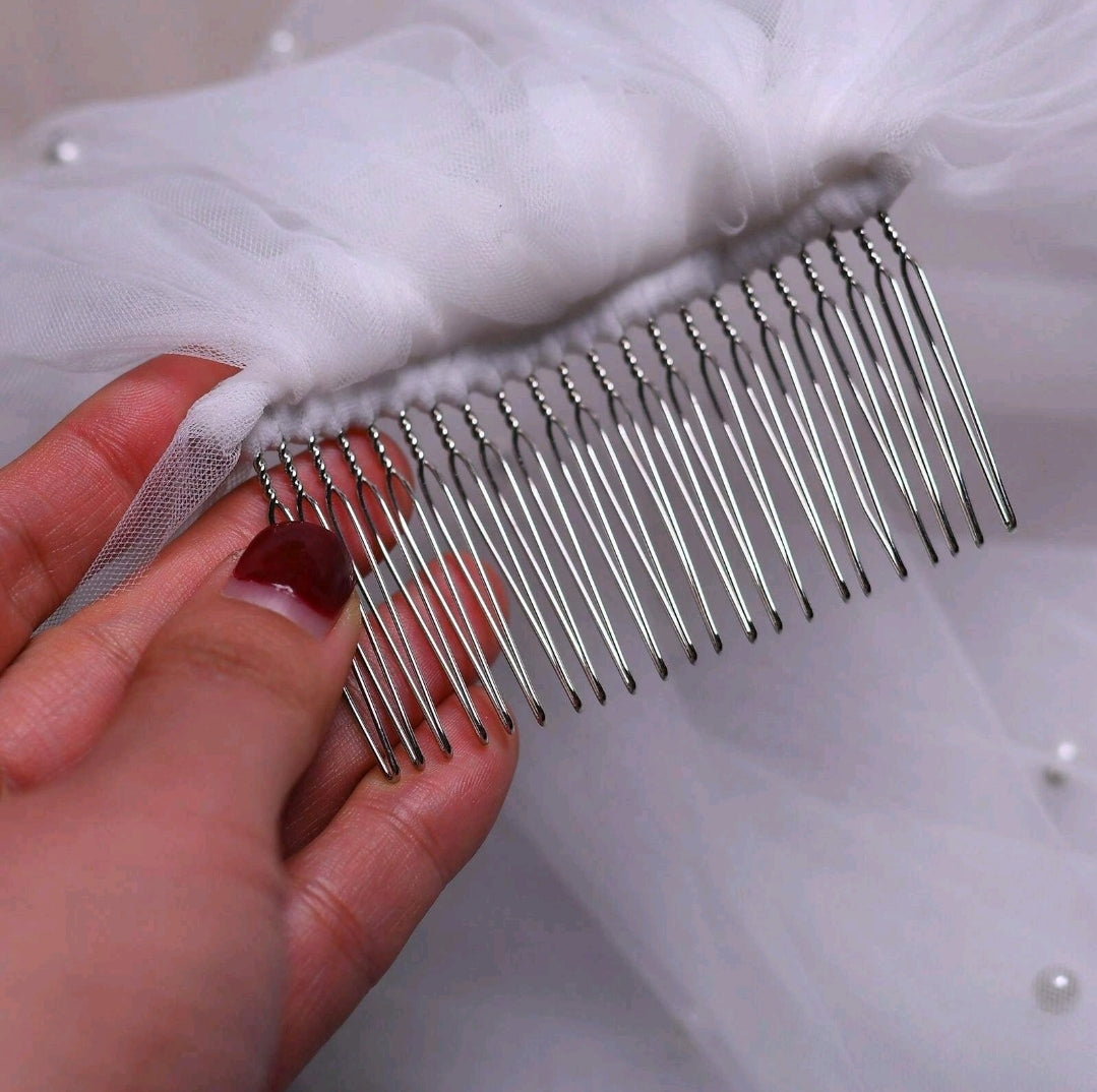 Pearl Imitation Single-Layer Wedding Veil With Comb