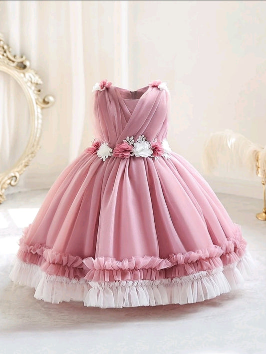 Contrast Mesh Ruffle Trim Gown Dress Dusty Pink