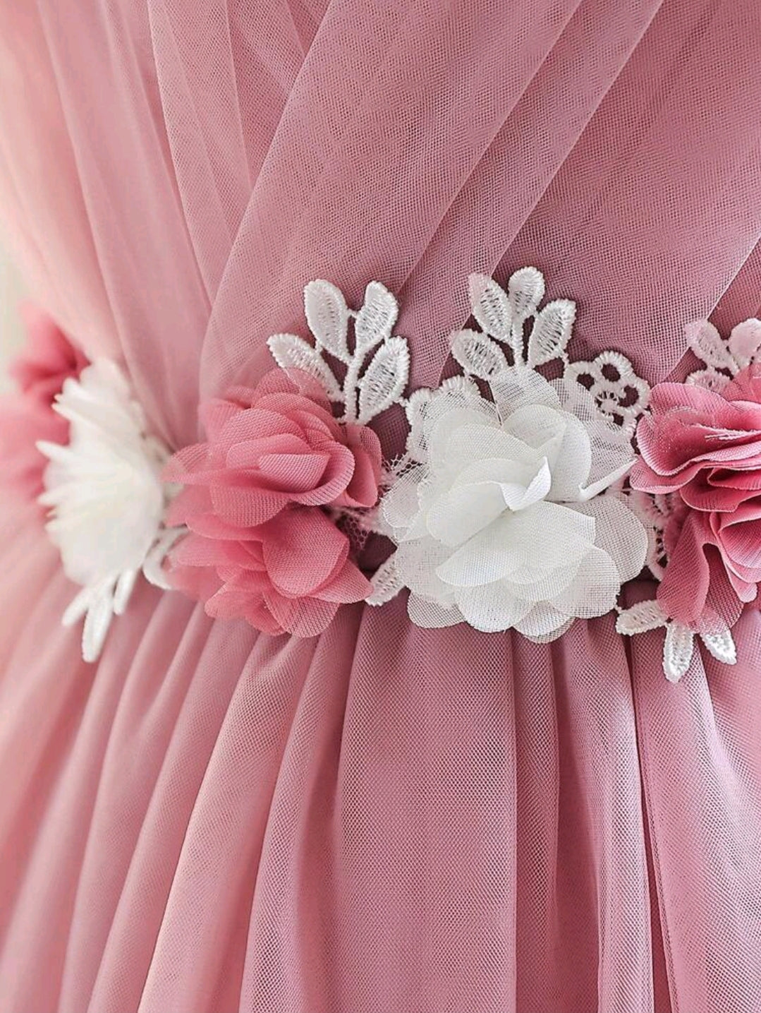 Contrast Mesh Ruffle Trim Gown Dress Dusty Pink