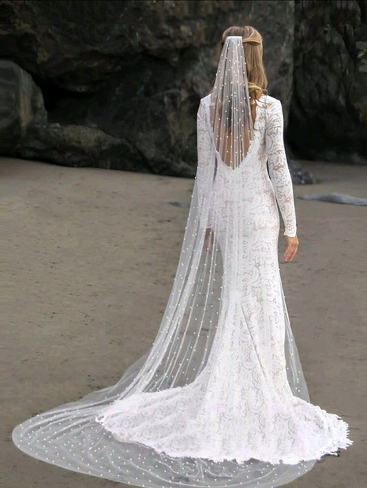 Pearl Long Veil With Comb White
