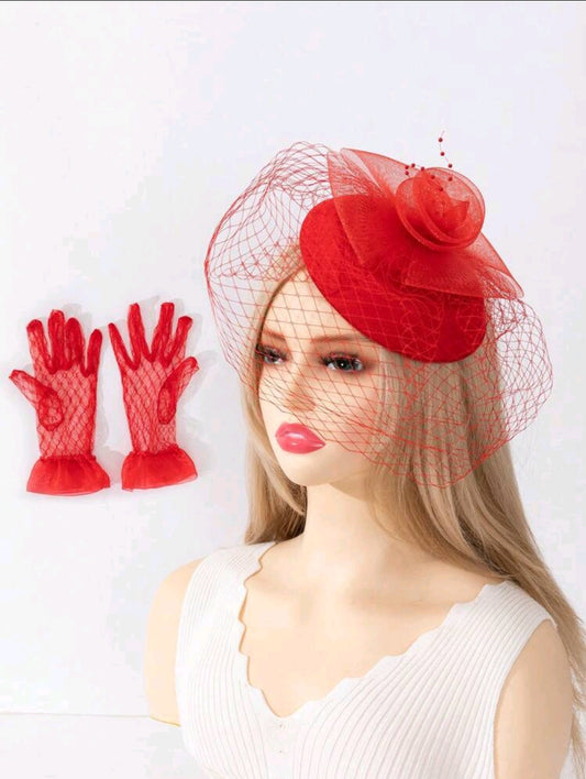 Vintage Red Rose Mesh Fascinator Hat
