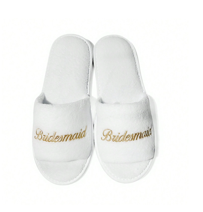 Gold Bridesmaid Embroidered Logo Coral Fleece Slippers