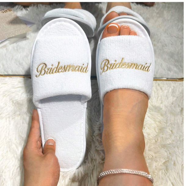 Gold Bridesmaid Embroidered Logo Coral Fleece Slippers