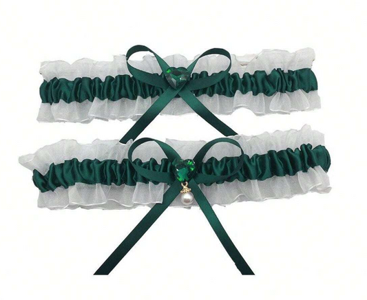 2pcs Crystal Heart Shaped Sheer Satin Ribbon Garter Green