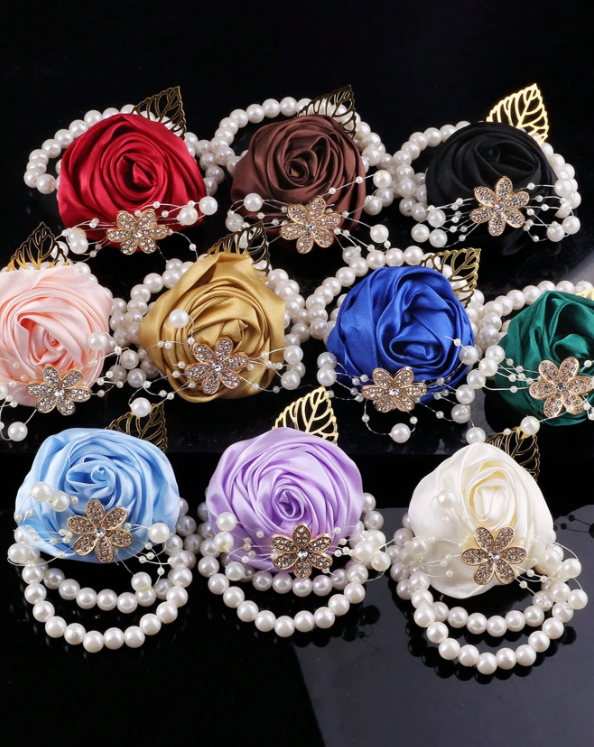 Artificial Leaf & Faux Pearl Floral Bracelet Corsage