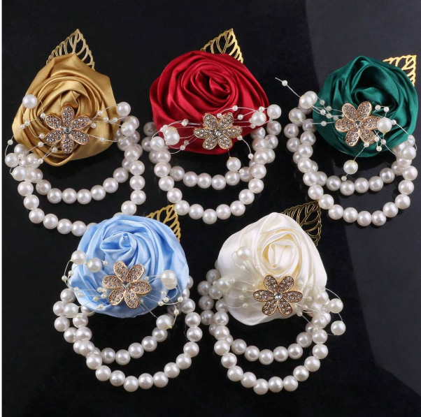 Artificial Leaf & Faux Pearl Floral Bracelet Corsage