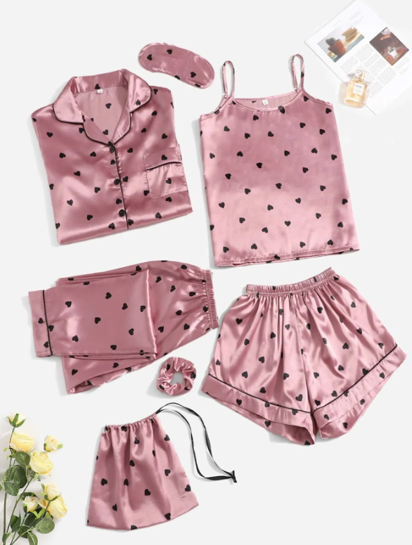 7pcs Imitation Silk Heart Pattern Pajama Set Black Dots