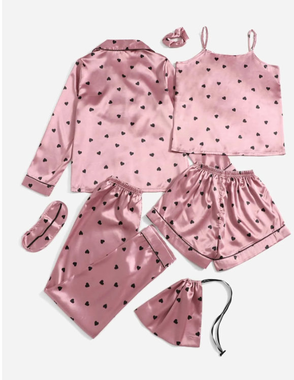 7pcs Imitation Silk Heart Pattern Pajama Set Black Dots