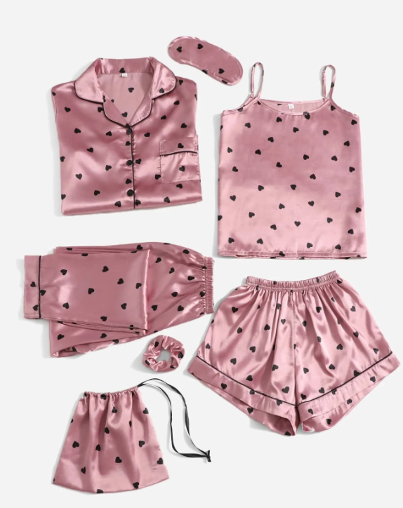7pcs Imitation Silk Heart Pattern Pajama Set Black Dots