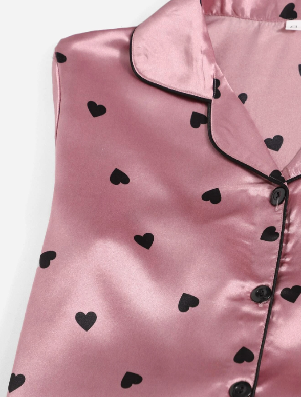 7pcs Imitation Silk Heart Pattern Pajama Set Black Dots