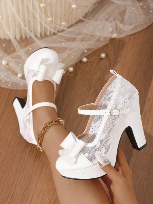 White Rhinestone Thick High Heel Shoes