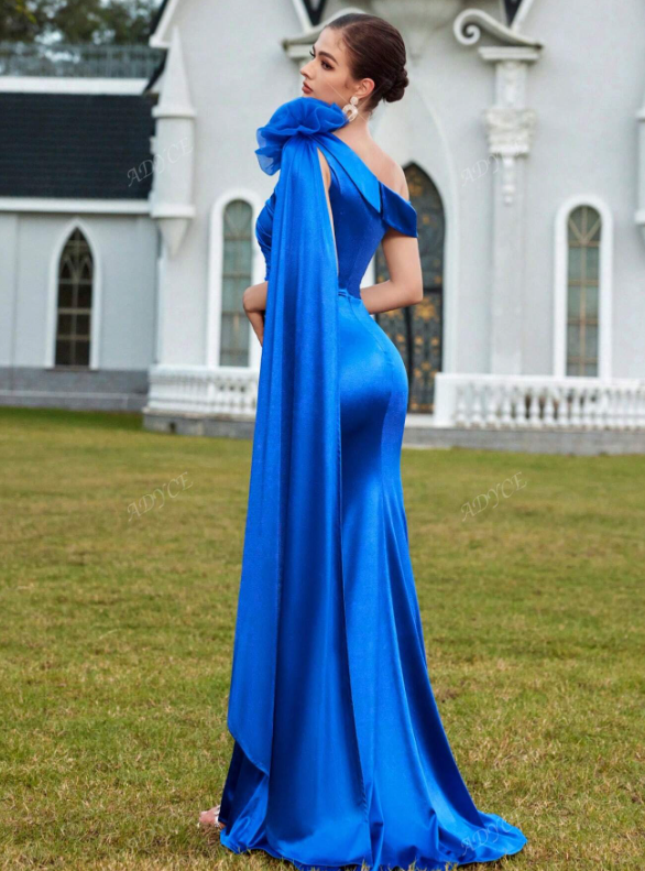 Asymmetric 3D Flower Decor High Waist Prom Dress