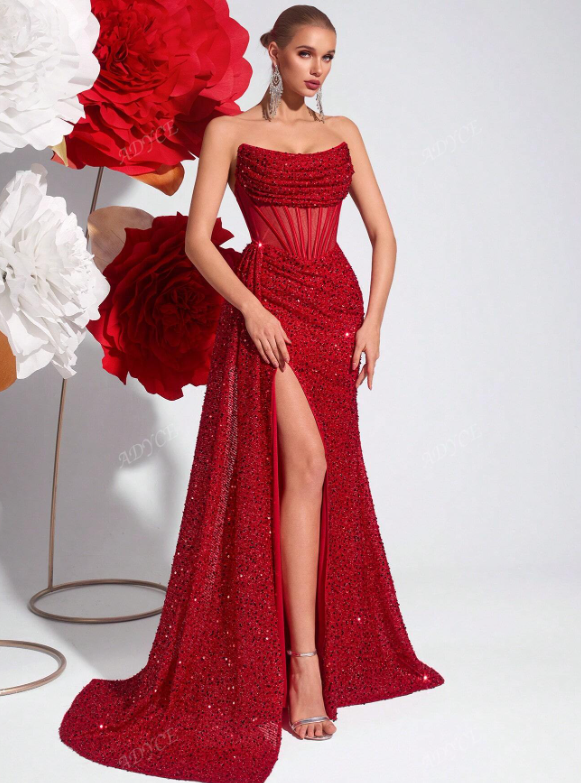 Sequin Bandeau Hollow Out Prom Dress
