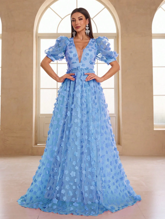 Ruffle Short Sleeve, 3D Flower Decor Color Wedding Dress