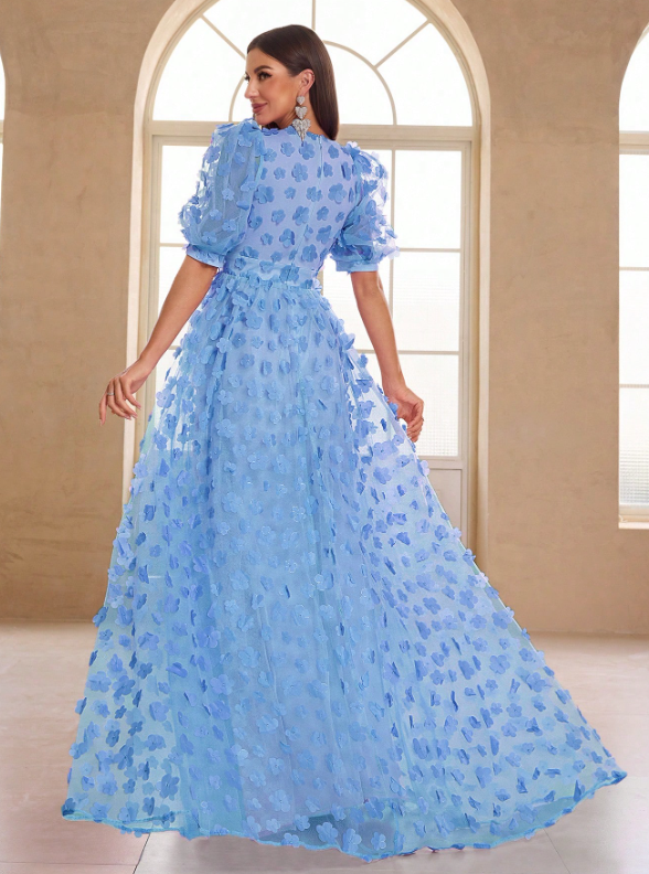 Ruffle Short Sleeve, 3D Flower Decor Color Wedding Dress