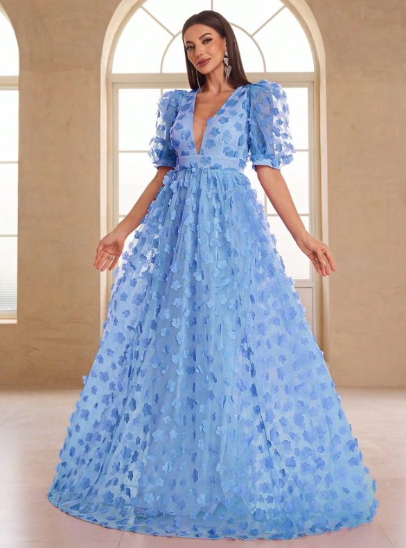 Ruffle Short Sleeve, 3D Flower Decor Color Wedding Dress