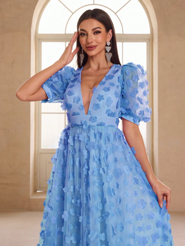 Ruffle Short Sleeve, 3D Flower Decor Color Wedding Dress