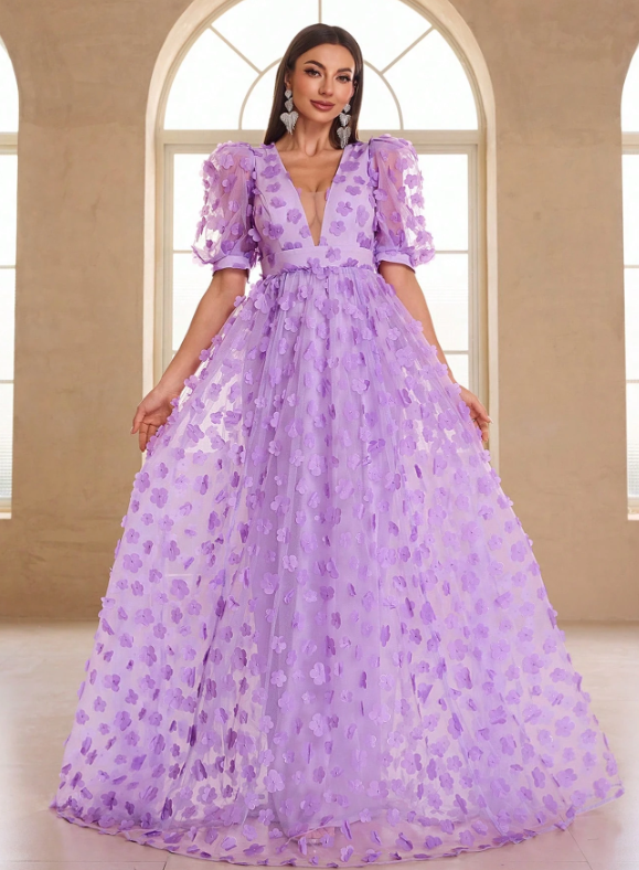 Ruffle Short Sleeve, 3D Flower Decor Color Wedding Dress
