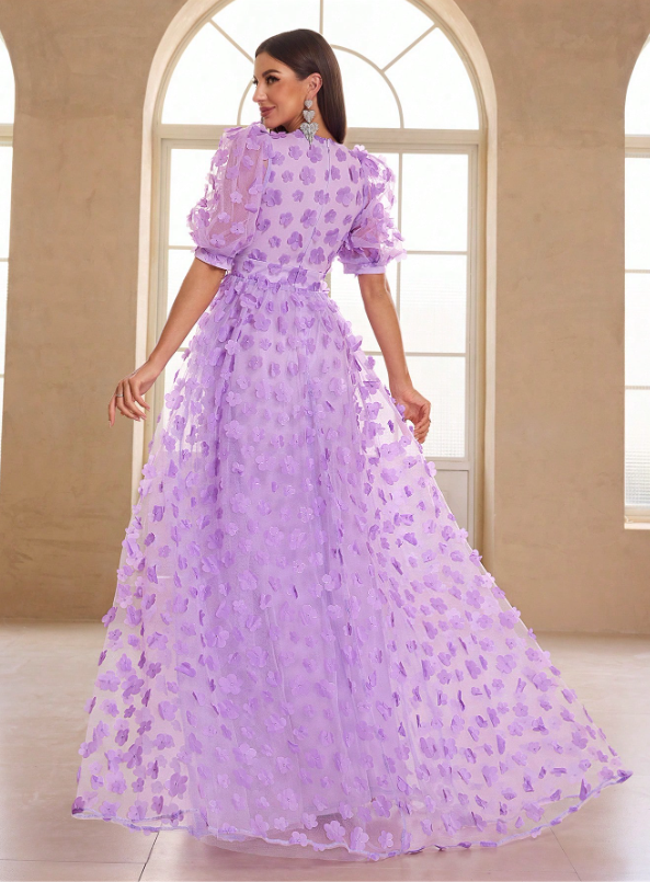 Ruffle Short Sleeve, 3D Flower Decor Color Wedding Dress
