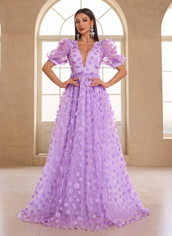 Ruffle Short Sleeve, 3D Flower Decor Color Wedding Dress