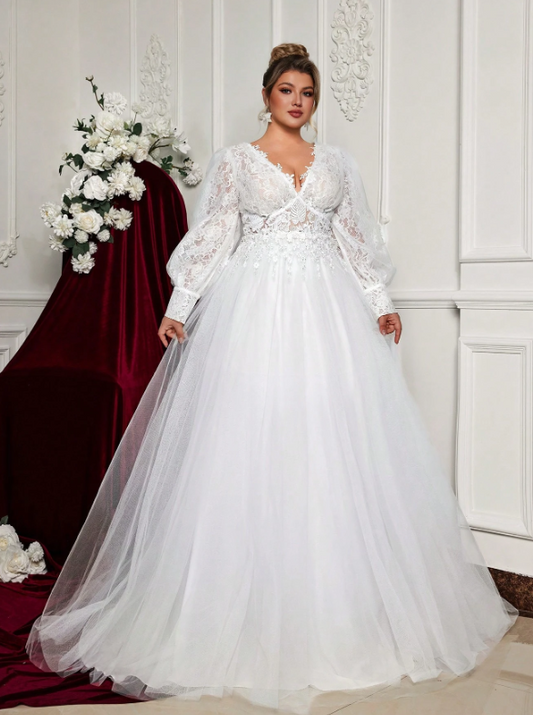 Plus Size Lace Applique Long Sleeve Sheer Bridal Dress