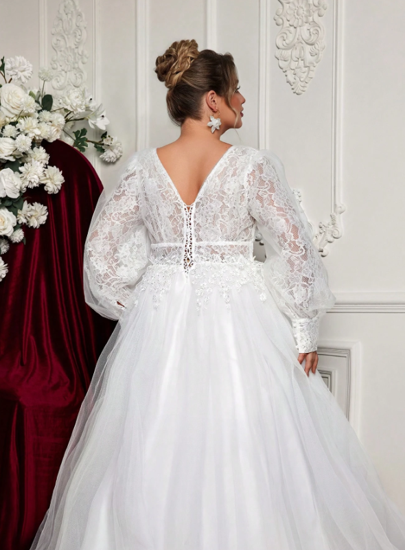 Plus Size Lace Applique Long Sleeve Sheer Bridal Dress