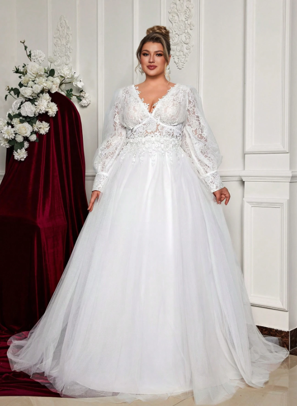 Plus Size Lace Applique Long Sleeve Sheer Bridal Dress