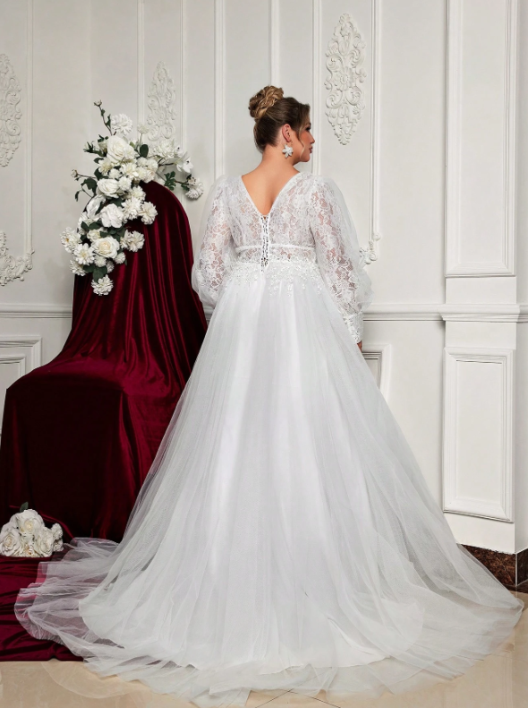 Plus Size Lace Applique Long Sleeve Sheer Bridal Dress