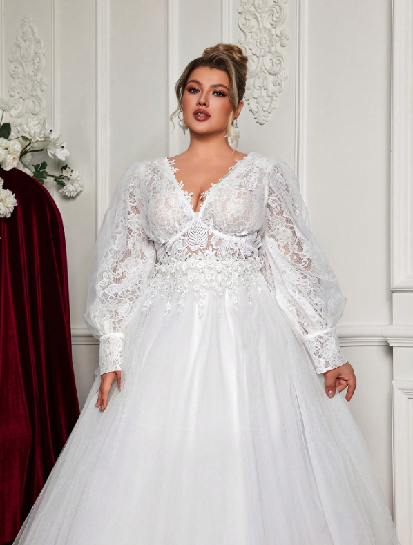 Plus Size Lace Applique Long Sleeve Sheer Bridal Dress