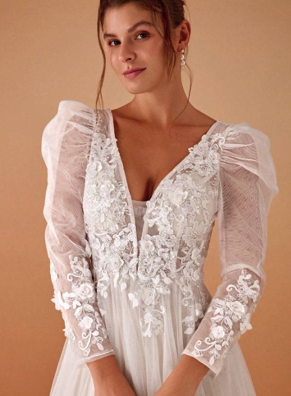 Applique Sheer Long Sleeve Wedding Dress