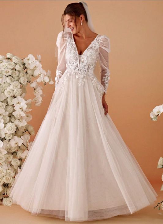 Applique Sheer Long Sleeve Wedding Dress
