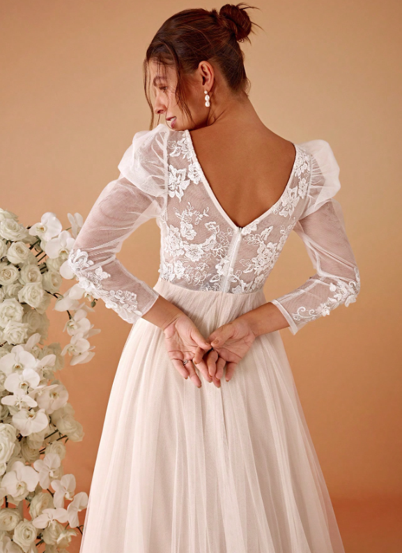 Applique Sheer Long Sleeve Wedding Dress