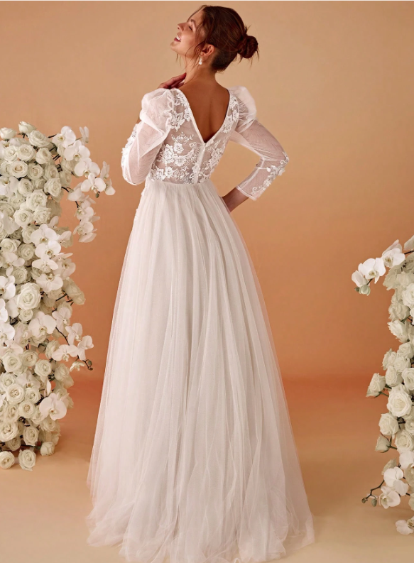 Applique Sheer Long Sleeve Wedding Dress