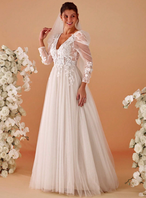 Applique Sheer Long Sleeve Wedding Dress