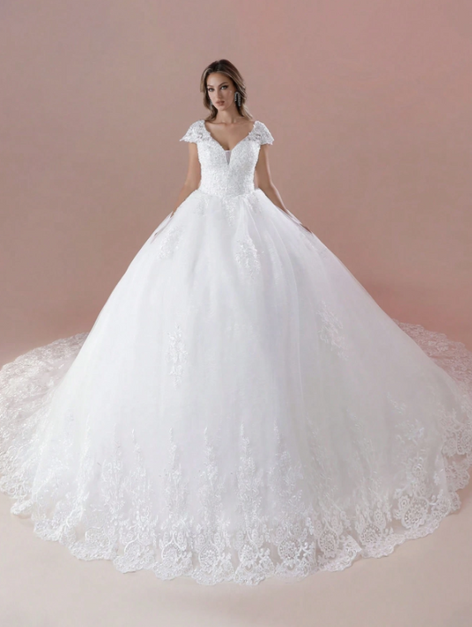 Cap Sleeves V-Neck Hand-Beaded Applique Ball Gown Wedding Dress