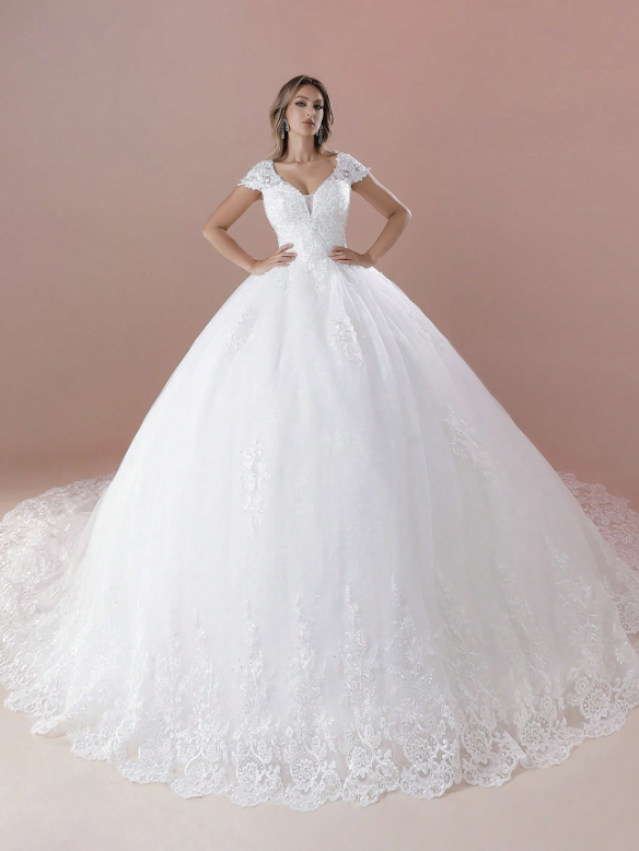 Cap Sleeves V-Neck Hand-Beaded Applique Ball Gown Wedding Dress